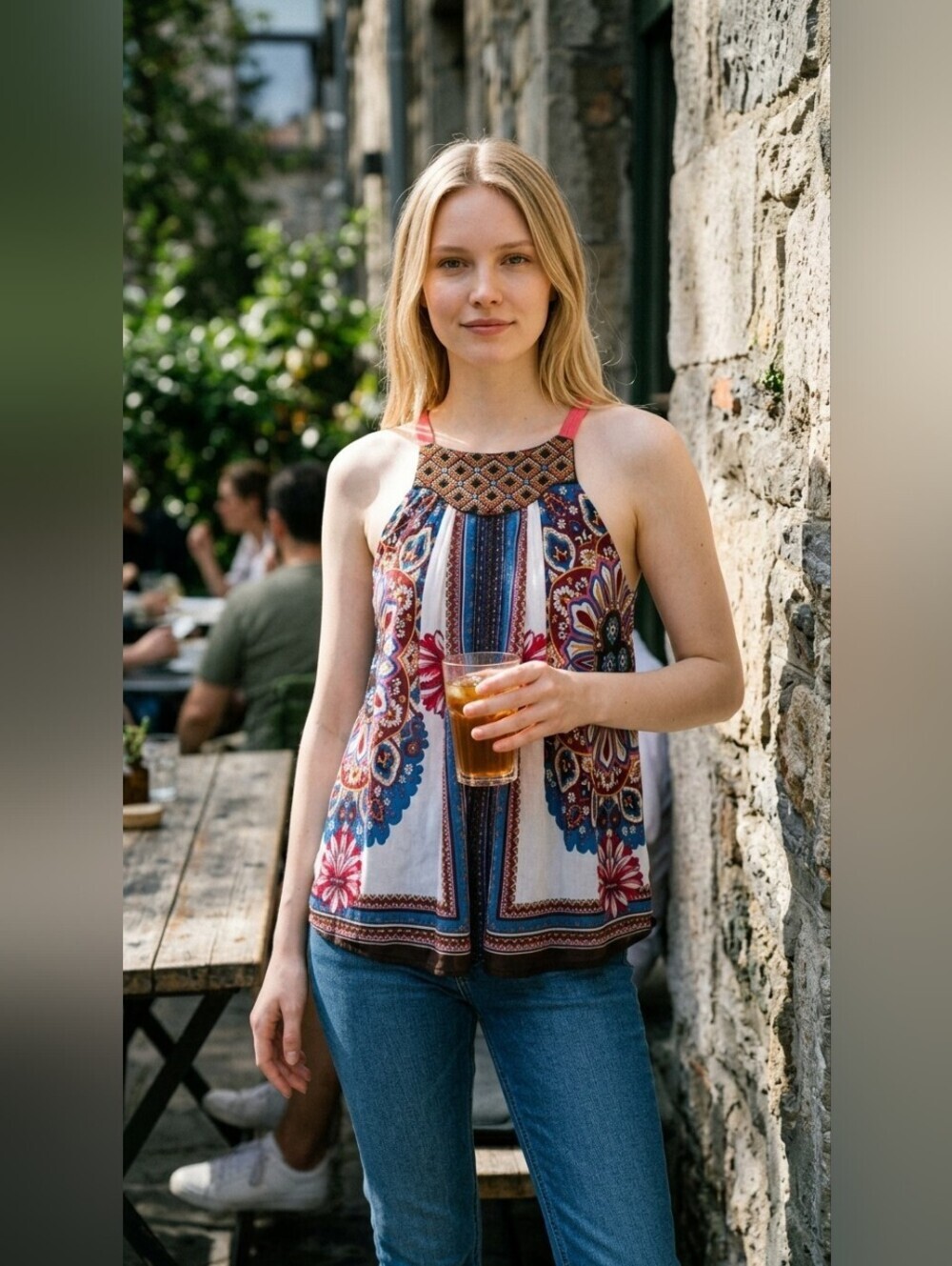 Multicolor Beaded Tank with Burgundy Straps